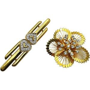 MONET 2 Piece Brooch Jewelry Lot Pair of Gold Plated Rhinestone Signed Monet Bro